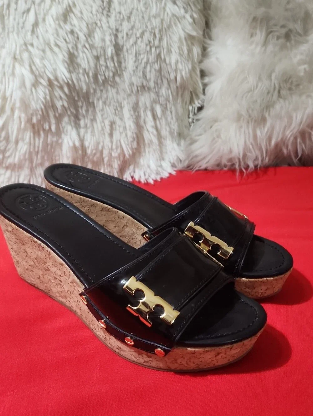 Tory Burch Pamela Black Patent Cork Wedge Slide Sandals with Gold Logo